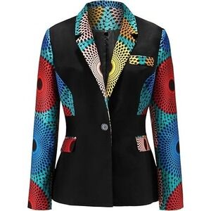 SHENBOLEN Women African Print Coat Notched Lapel Pocket Blazer Jacket (Large)